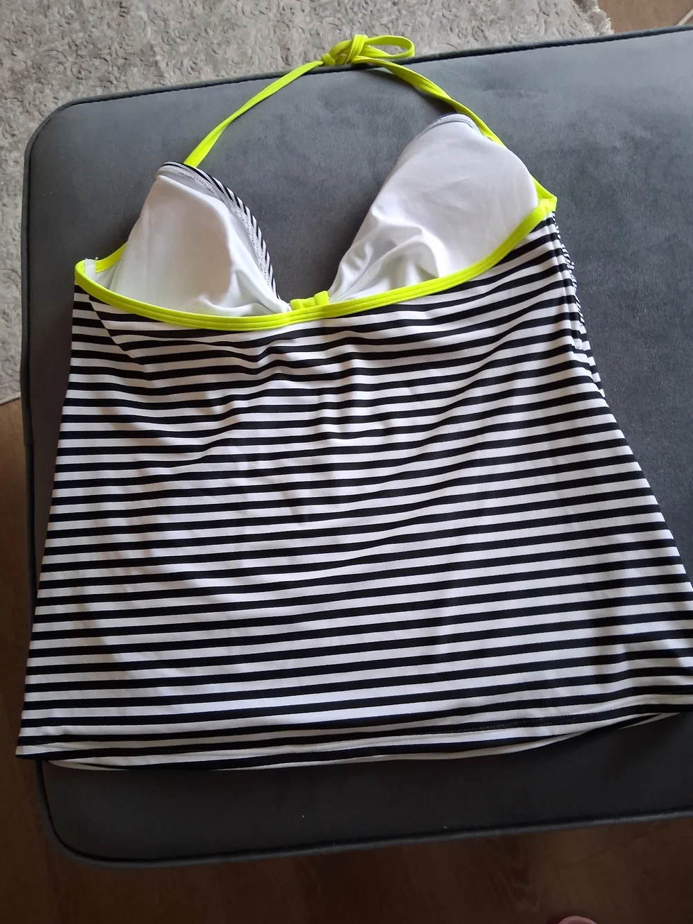 Black & White Striped Bandeau Bikini Top with Neon Yellow Trim